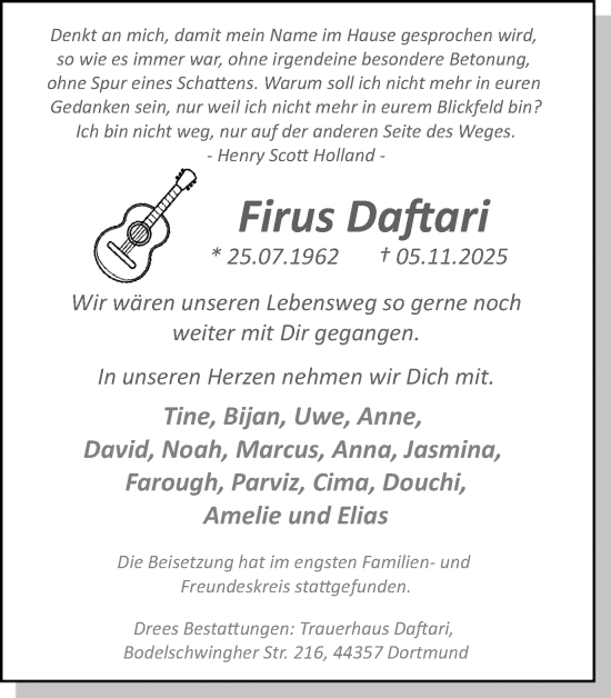 Traueranzeige von Firus Daftari von Ruhr Nachrichten
