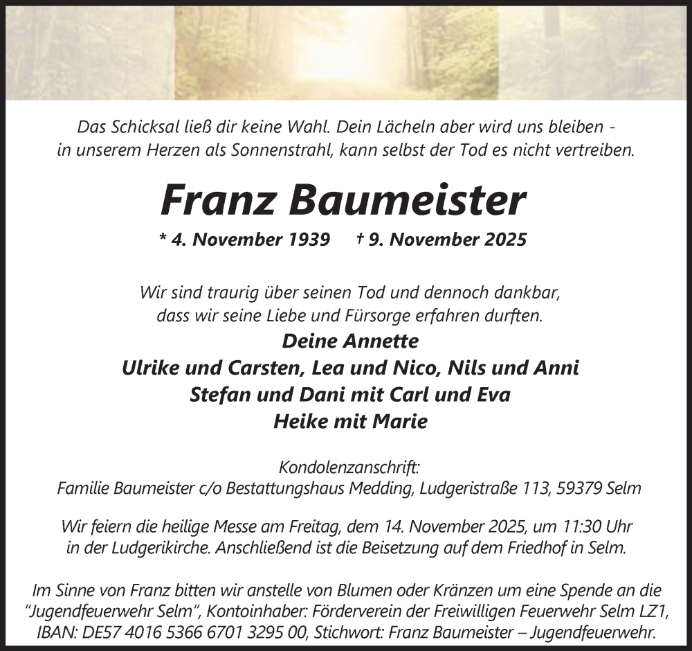  Traueranzeige für Franz Baumeister vom 12.11.2025 aus Ruhr Nachrichten