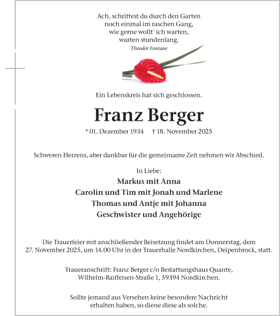 Traueranzeige von Franz Berger von Ruhr Nachrichten