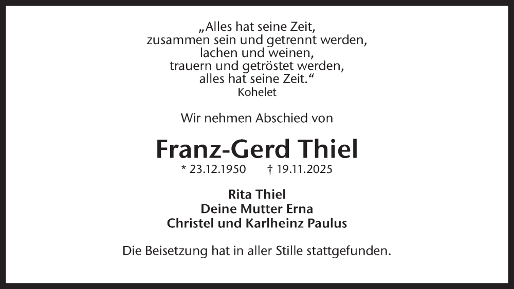  Traueranzeige für Franz-Gerd Thiel vom 29.11.2025 aus Ruhr Nachrichten und Dorstener Zeitung