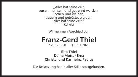 Traueranzeige von Franz-Gerd Thiel von Ruhr Nachrichten und Dorstener Zeitung