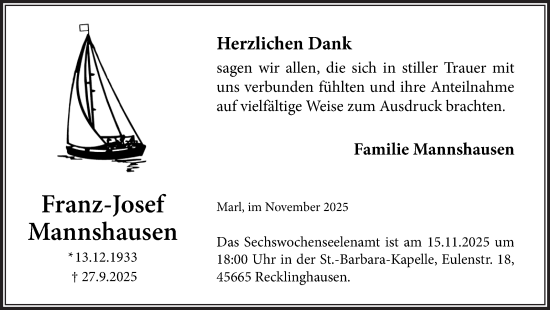 Traueranzeige von Franz-Josef Mannshausen von Trauer Vest