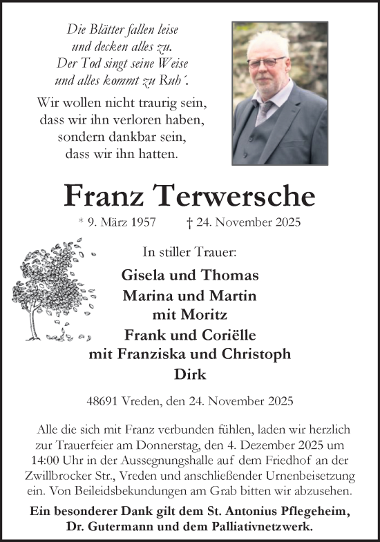 Traueranzeige von Franz Terwersche von Münsterland Zeitung