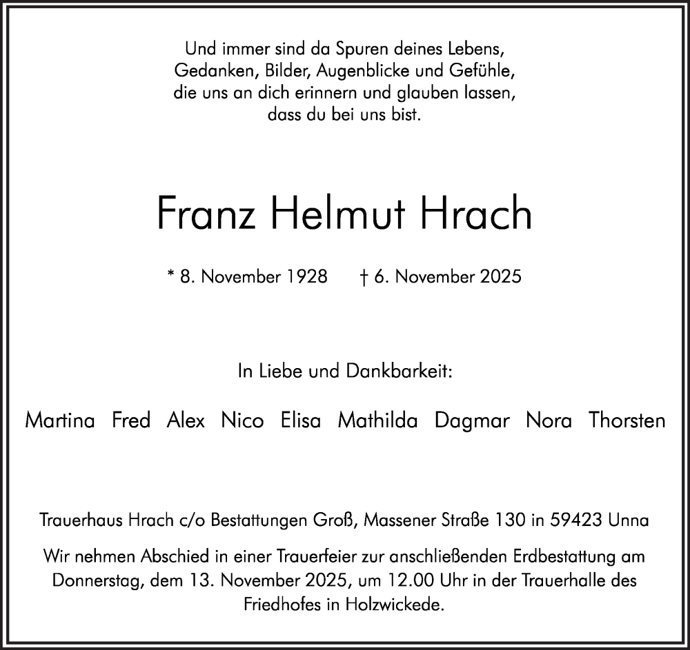  Traueranzeige für Franz Helmut Hrach vom 11.11.2025 aus Hellweger Anzeiger