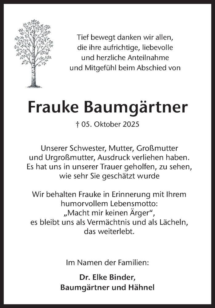  Traueranzeige für Frauke Baumgärtner vom 29.11.2025 aus Hellweger Anzeiger