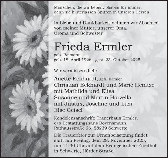 Traueranzeige von Frieda Ermler von Ruhr Nachrichten