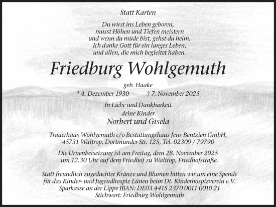 Traueranzeige von Friedburg Wohlgemuth von Ruhr Nachrichten