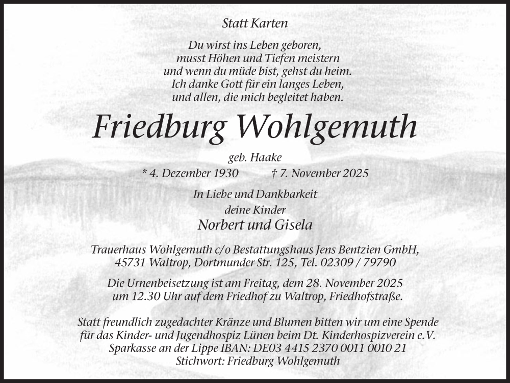  Traueranzeige für Friedburg Wohlgemuth vom 15.11.2025 aus Ruhr Nachrichten