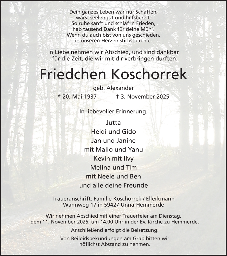  Traueranzeige für Friedchen Koschorrek vom 06.11.2025 aus Hellweger Anzeiger