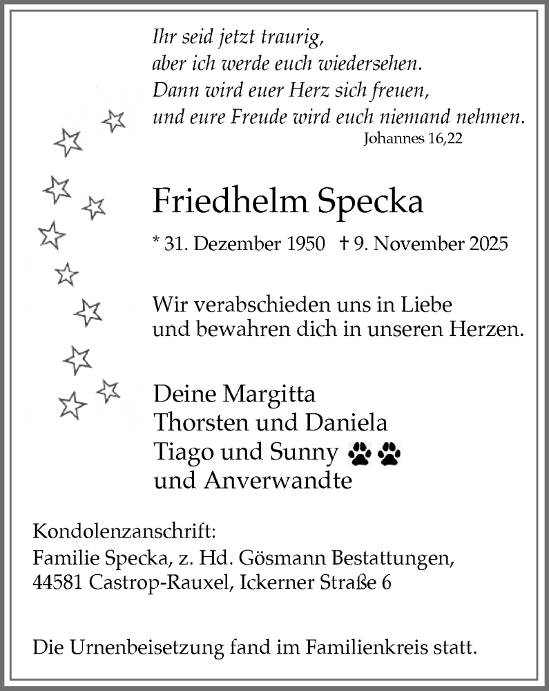  Traueranzeige für Friedhelm Specka vom 22.11.2025 aus Stadtanzeiger Castrop-Rauxel