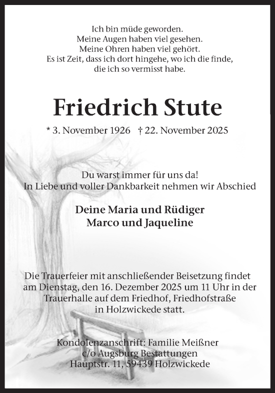 Traueranzeige von Friedrich Stute von Hellweger Anzeiger