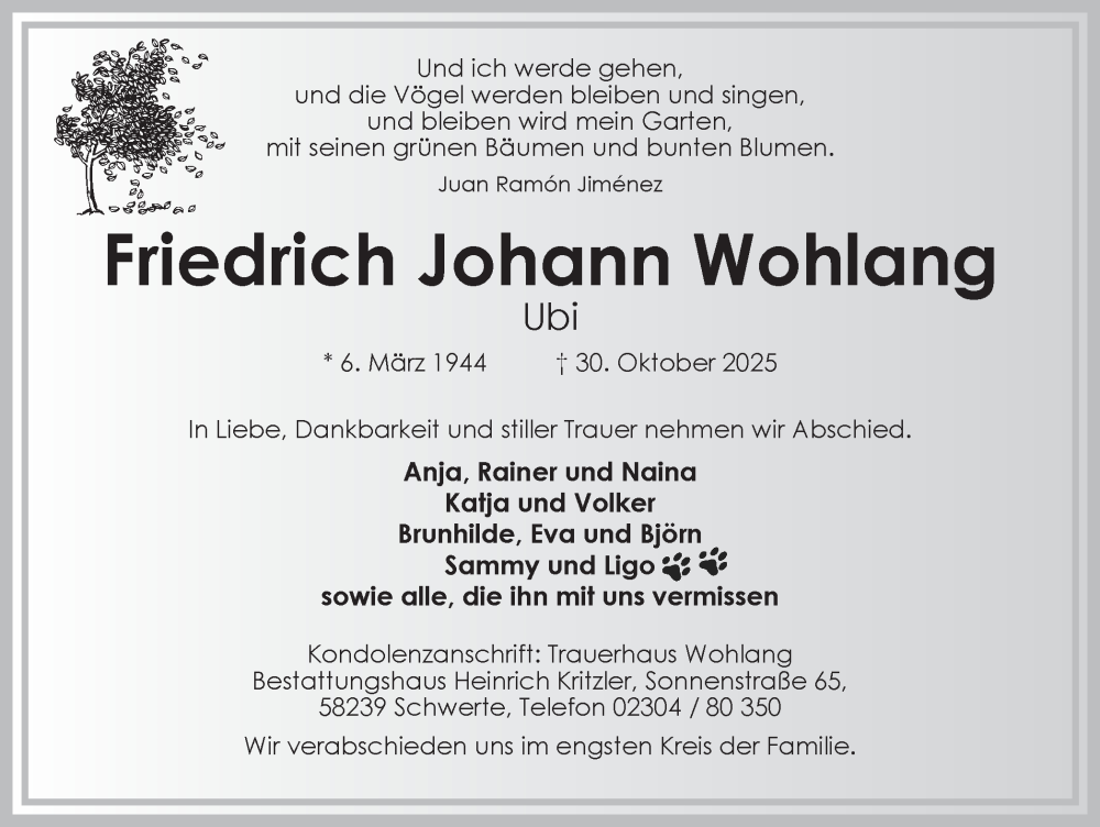  Traueranzeige für Friedrich Johann Wohlang vom 08.11.2025 aus Ruhr Nachrichten