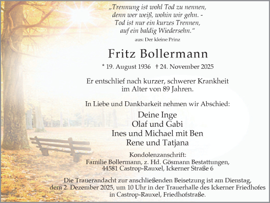 Traueranzeige von Fritz Bollermann von Stadtanzeiger Castrop-Rauxel