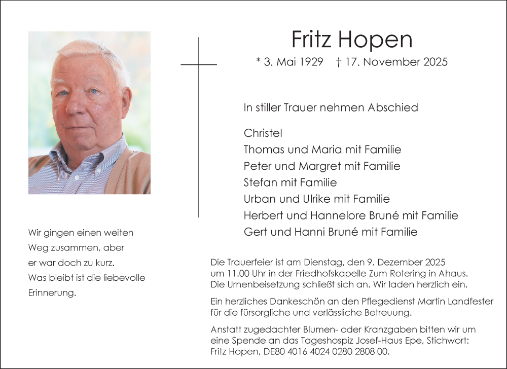  Traueranzeige für Fritz Hopen vom 29.11.2025 aus Münsterland Zeitung