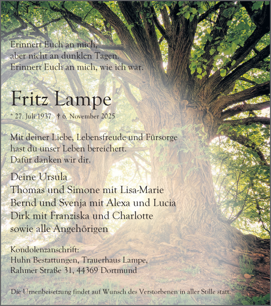 Traueranzeige von Fritz Lampe von Ruhr Nachrichten