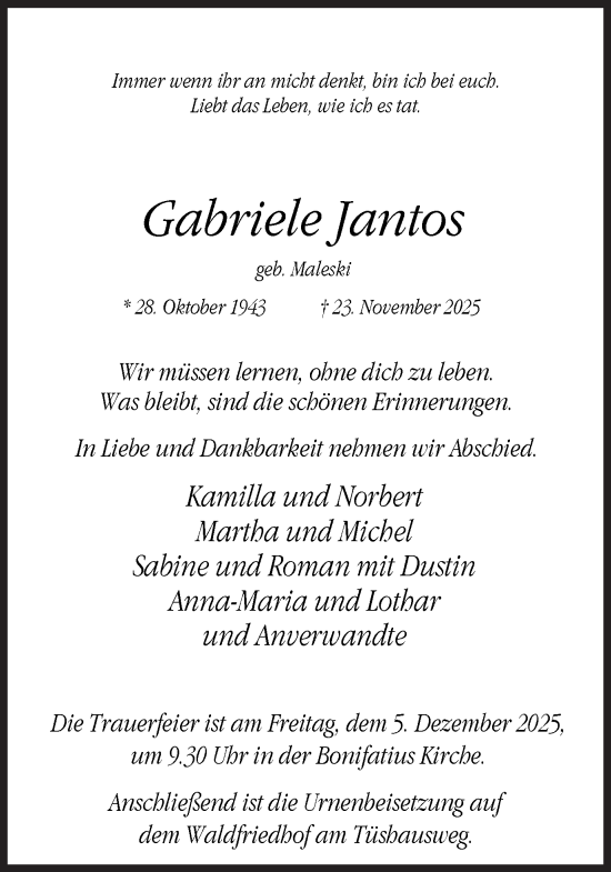 Traueranzeige von Gabriele Jantos von Ruhr Nachrichten und Dorstener Zeitung