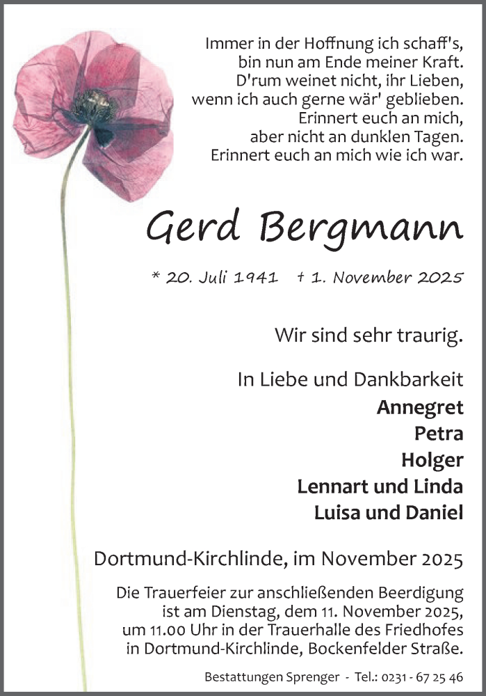  Traueranzeige für Gerd Bergmann vom 05.11.2025 aus Ruhr Nachrichten