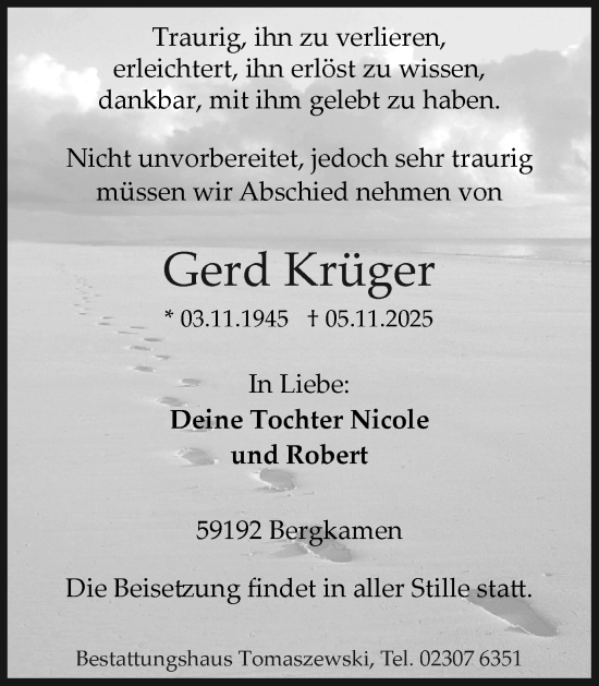 Traueranzeige von Gerd Krüger von Hellweger Anzeiger