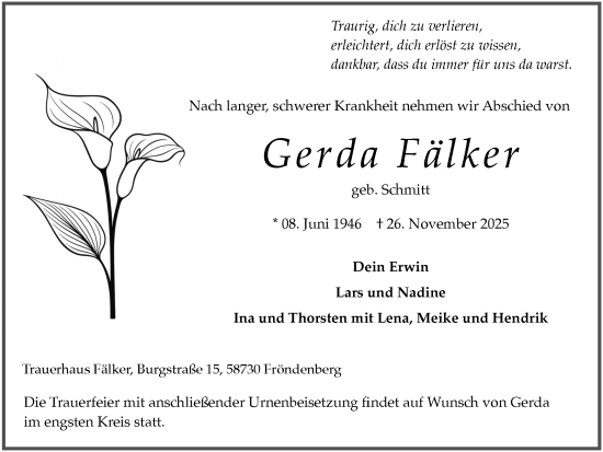 Traueranzeige von Gerda Fälker von Hellweger Anzeiger