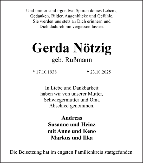 Traueranzeige von Gerda Nötzig von Ruhr Nachrichten