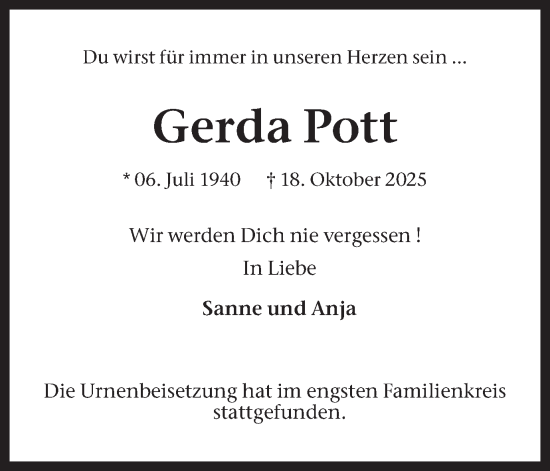 Traueranzeige von Gerda Pott von Lüner Anzeiger