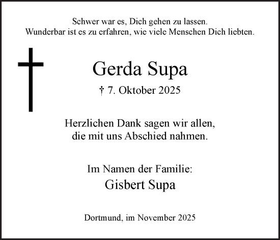 Traueranzeige von Gerda Supa von Ruhr Nachrichten