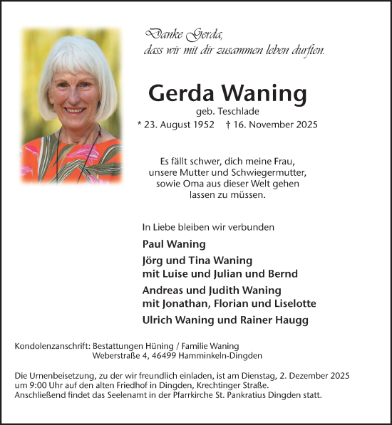 Traueranzeige von Gerda Waning 