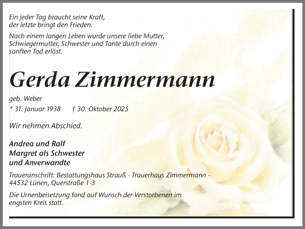  Traueranzeige für Gerda Zimmermann vom 22.11.2025 aus Lüner Anzeiger