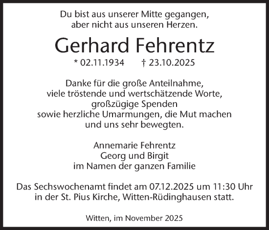 Traueranzeige von Gerhard Fehrentz von Ruhr Nachrichten