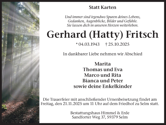 Traueranzeige von Gerhard Fritsch von Ruhr Nachrichten