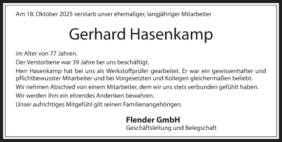 Traueranzeige von Gerhard Hasenkamp 