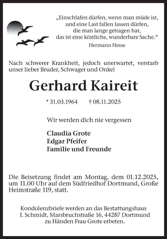  Traueranzeige für Gerhard Kaireit vom 22.11.2025 aus Ruhr Nachrichten
