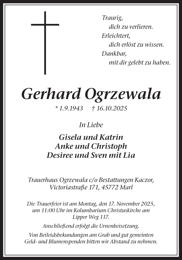  Traueranzeige für Gerhard Ogrzewala vom 08.11.2025 aus Trauer Vest