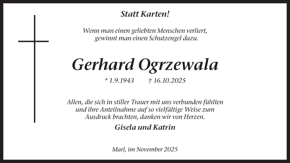 Traueranzeige für Gerhard Ogrzewala vom 29.11.2025 aus Trauer Vest