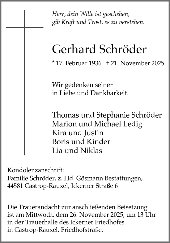 Traueranzeige von Gerhard Schröder von Ruhr Nachrichten