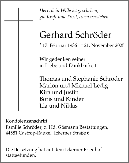 Traueranzeige von Gerhard Schröder von Stadtanzeiger Castrop-Rauxel