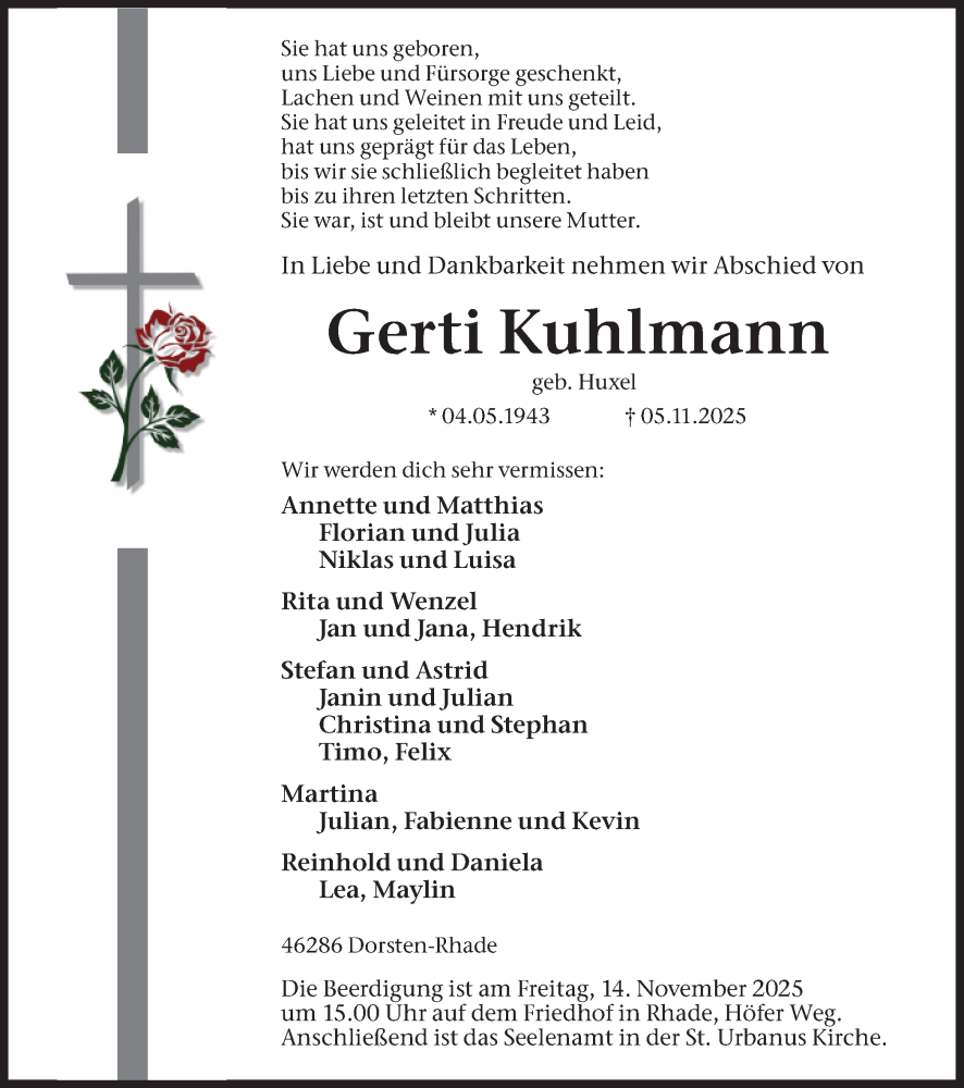  Traueranzeige für Gerti Kuhlmann vom 08.11.2025 aus Ruhr Nachrichten und Dorstener Zeitung