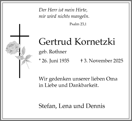 Traueranzeige von Gertrud Kornetzki von Stadtanzeiger Castrop-Rauxel