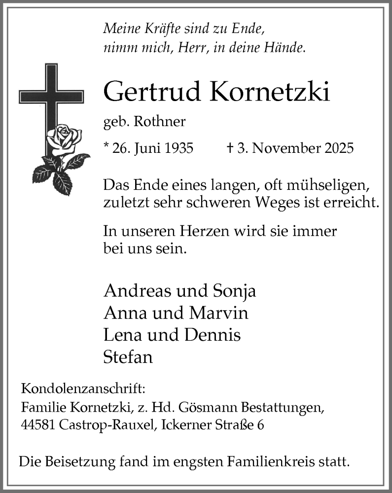 Traueranzeige für Gertrud Kornetzki vom 08.11.2025 aus Stadtanzeiger Castrop-Rauxel