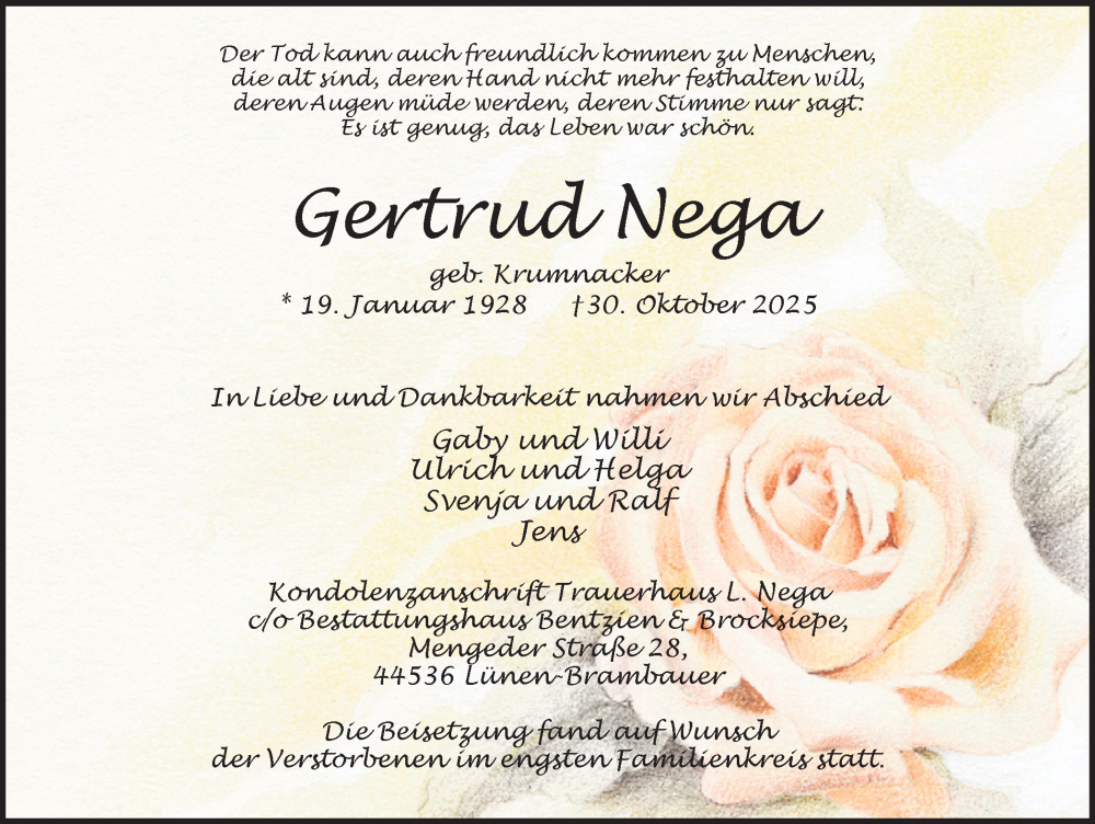  Traueranzeige für Gertrud Nega vom 22.11.2025 aus Lüner Anzeiger