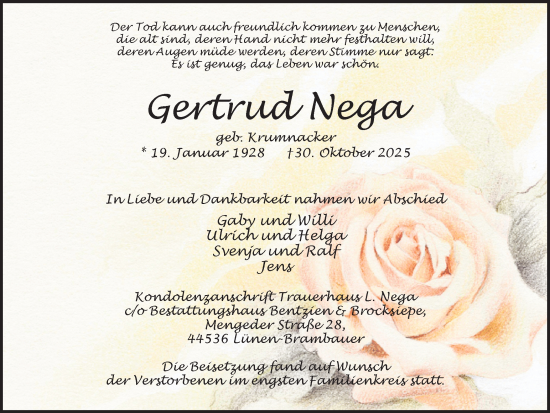 Traueranzeige von Gertrud Nega von Lüner Anzeiger