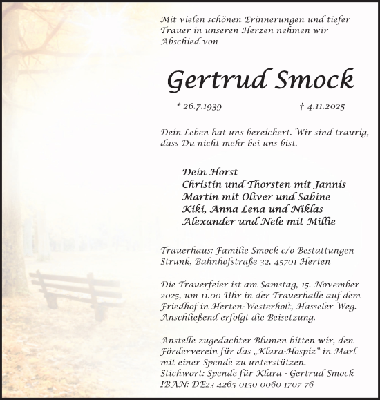 Traueranzeige von Gertrud Smock von Trauer Vest