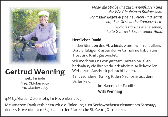 Traueranzeige von Gertrud Wenning von Münsterland Zeitung