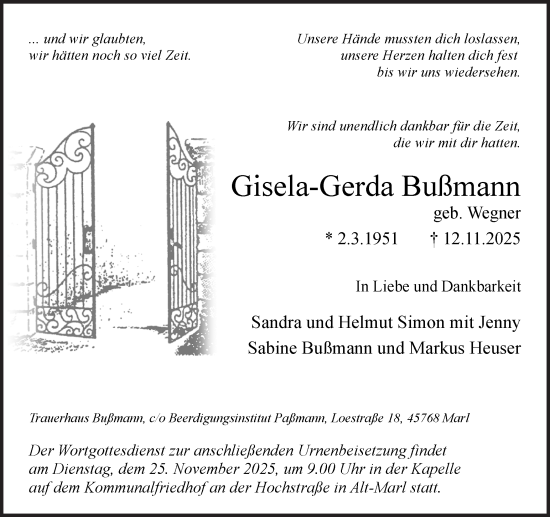 Traueranzeige von Gisela-Gerda Bußmann von Trauer Vest
