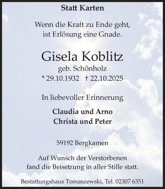 Traueranzeige von Gisela Koblitz von Hellweger Anzeiger
