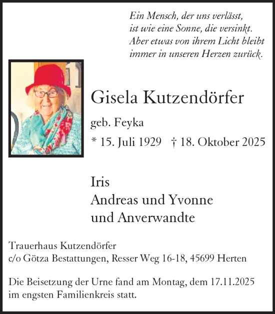 Traueranzeige von Gisela Kutzendörfer von Trauer Vest