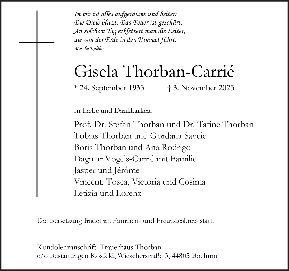  Traueranzeige für Gisela Thorban-Carrié vom 08.11.2025 aus Ruhr Nachrichten