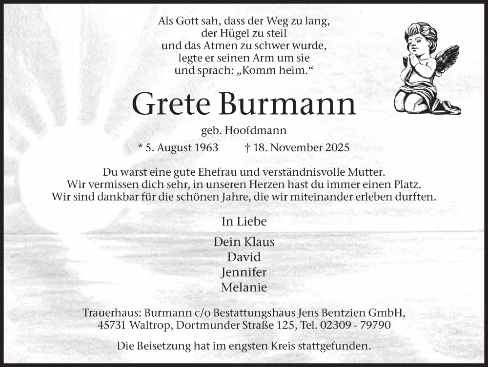  Traueranzeige für Grete Burmann vom 29.11.2025 aus Trauer Vest