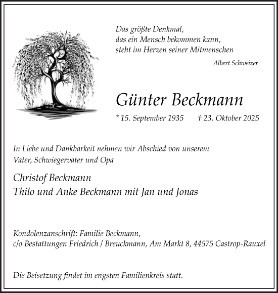 Traueranzeige von Günter Beckmann von Trauer Vest