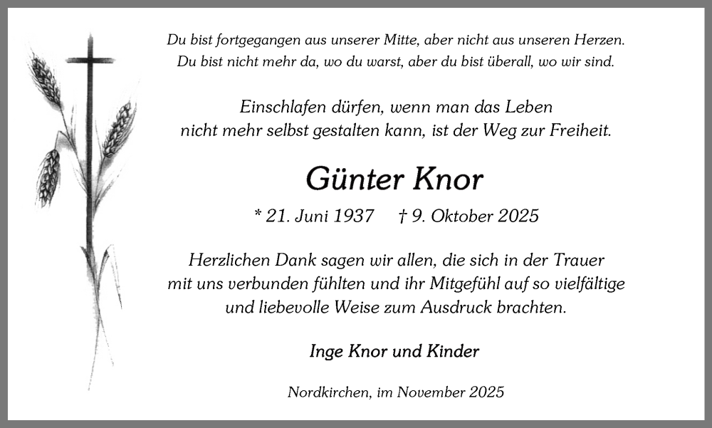 Traueranzeige für Günter Knor vom 08.11.2025 aus Ruhr Nachrichten